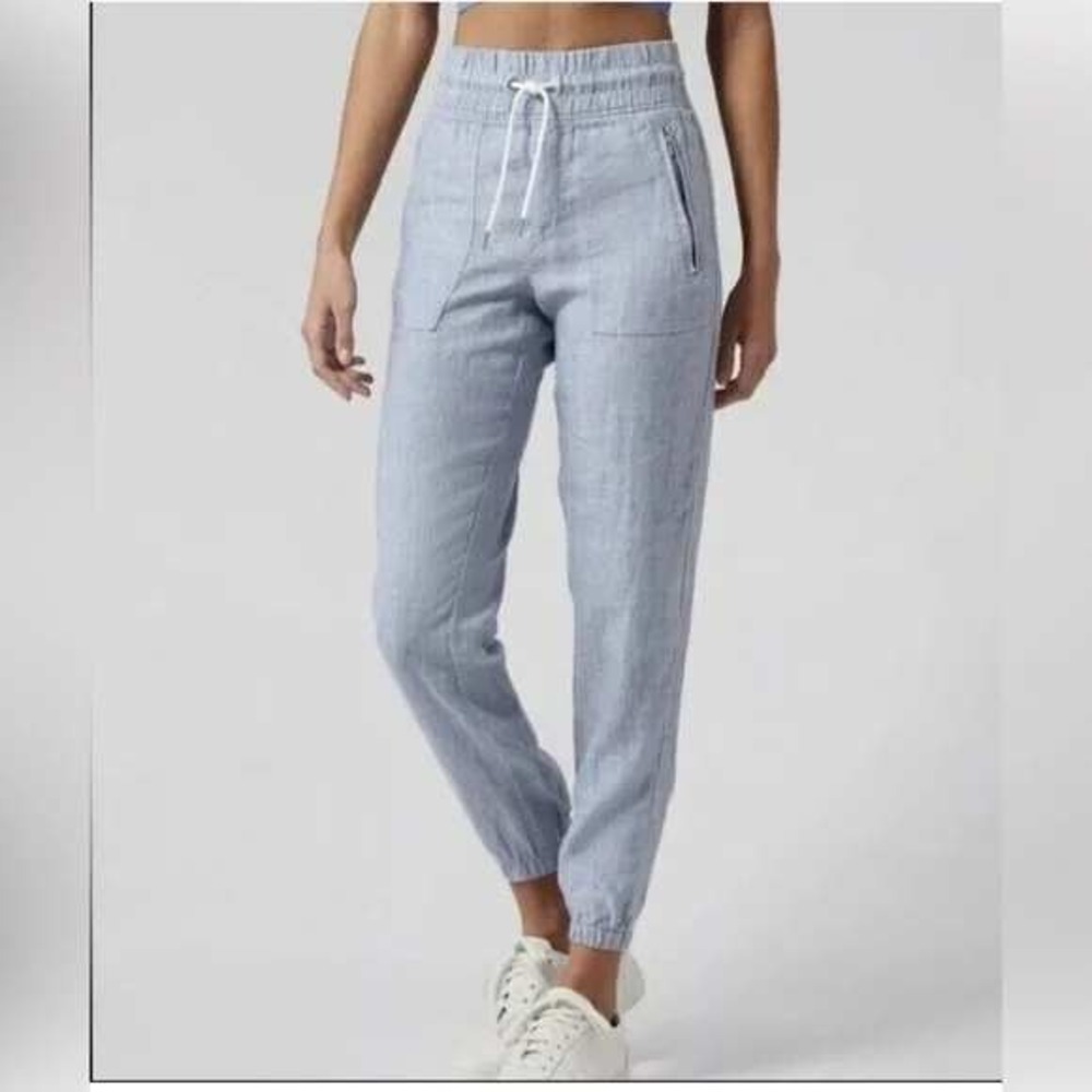 Athleta Cabo Linen Jogger Pants‎ Blue Chambray Size 2 Elastic Waist Zip Pockets